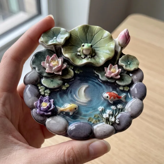 3D Relief Fridge Magnet, Pond Scene with Frog, Lotus and Goldfish — product photo 2