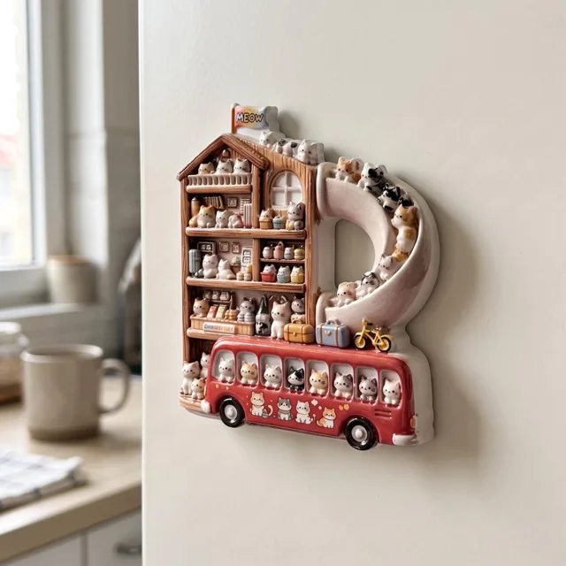 3D Cat Bus Fridge Magnet, Resin Miniature Shelf Scene Decor — product photo 8