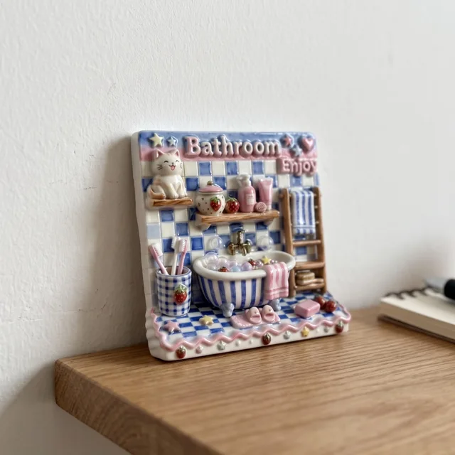 Fridge Magnet: 3D Resin Bathroom Bubble Bath Decor, Blue Pink Cat Scene — product photo 7