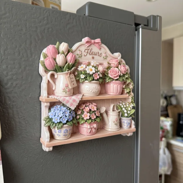 Refrigerator Magnet, Resin Flower Pot Shelf Garden Scene — product photo 2
