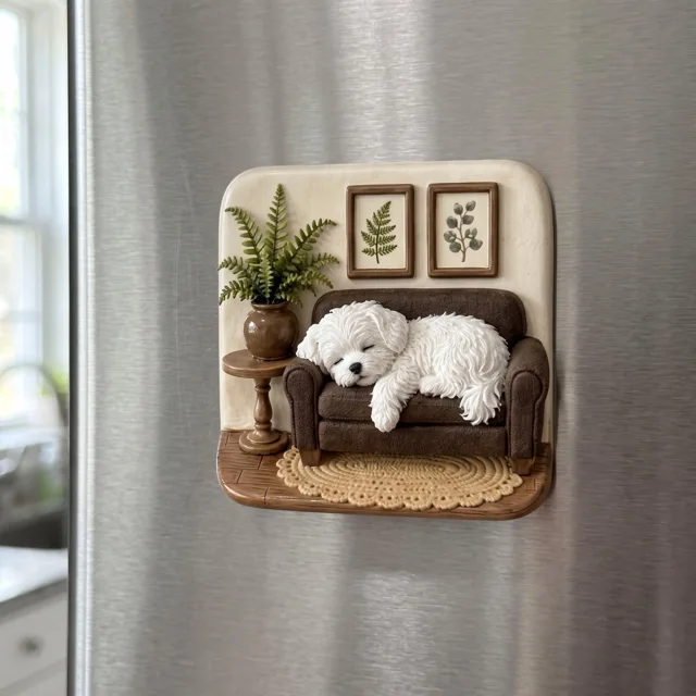 Refrigerator Magnet: Miniature White Dog on Cozy Brown Sofa — product photo 6