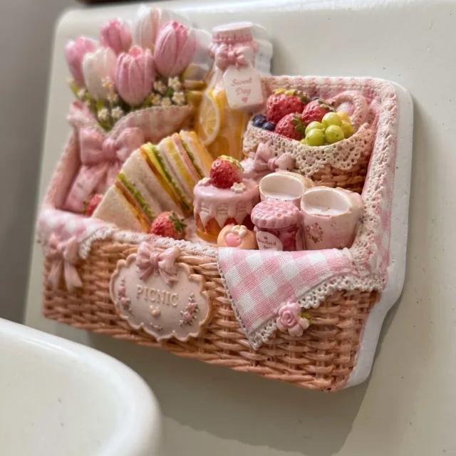 Picnic Basket Fridge Magnet, Pink Floral Food Scene Decor — product photo 6
