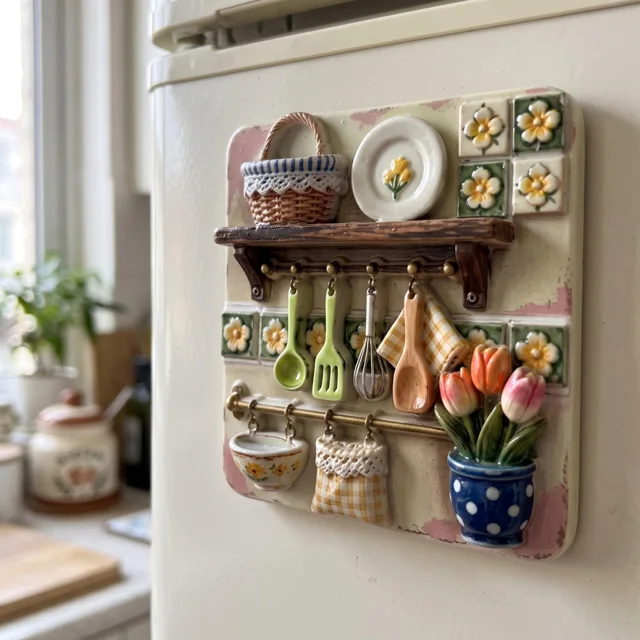 Kitchen Shelf with Floral Details 3D Resin Relief Fridge Magnet — product photo 6