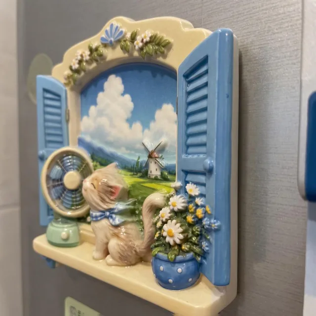 Refrigerator Magnet: Cat Window Scene With Blue Shutters and Flowers — product photo 11