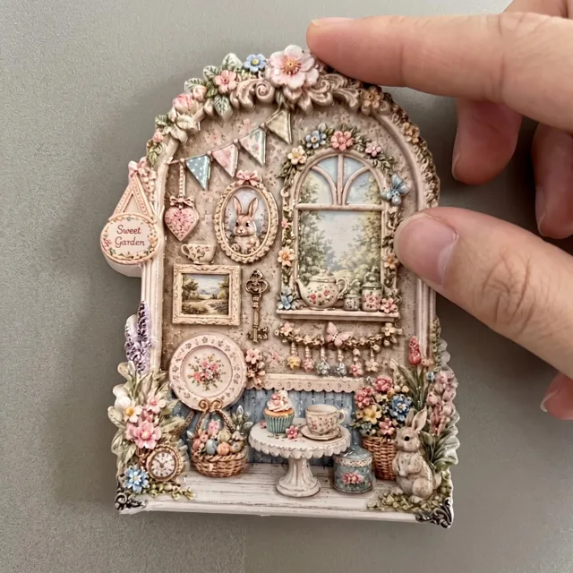 Rabbit Tea Party Resin Refrigerator Magnet, 3D Floral Cottage Scene — product photo 4