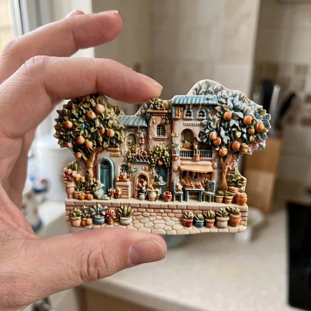 Mediterranean Village Fridge Magnet, Resin Cottage Scene with Fruit Trees and Potted Plants — product photo 1