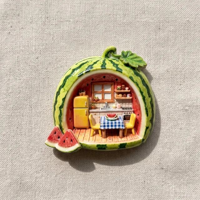 Watermelon Fridge Magnet With Miniature Kitchen Scene, Whimsical Refrigerator Decor — product photo 9