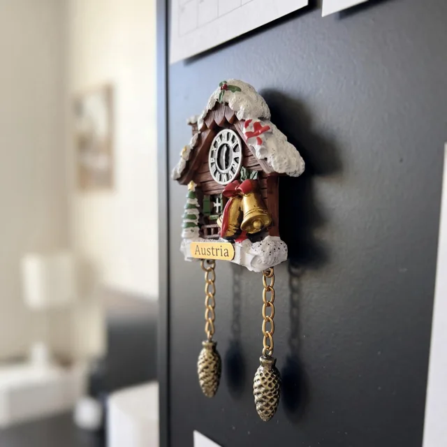 Snowy Cuckoo Clock House With Christmas Bells and Austria Plaque Refrigerator Magnet — product photo 12
