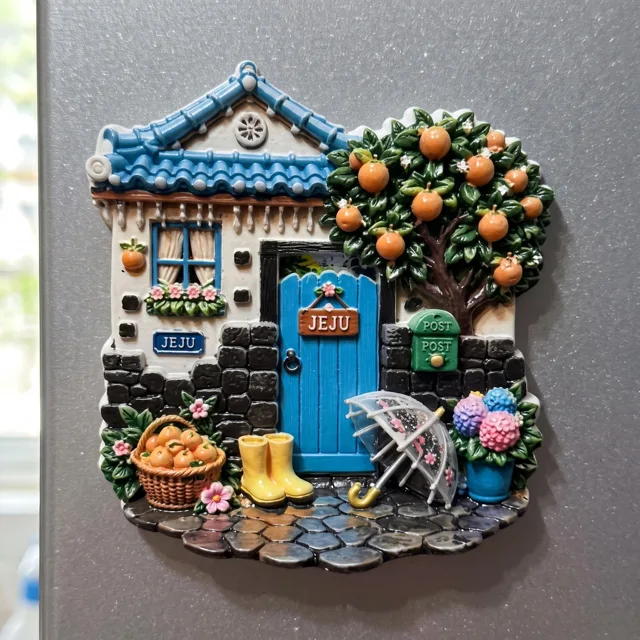 Miniature House Fridge Magnet, Colorful Cottage Door and Garden Scene Decor — product photo 1