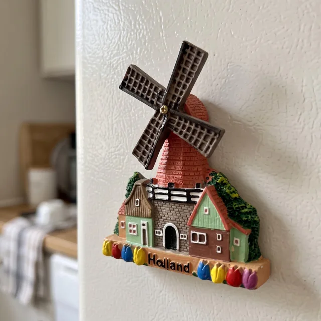 Rotating Windmill Fridge Magnet, Resin Holland Souvenir With Colorful Tulips — product photo 10