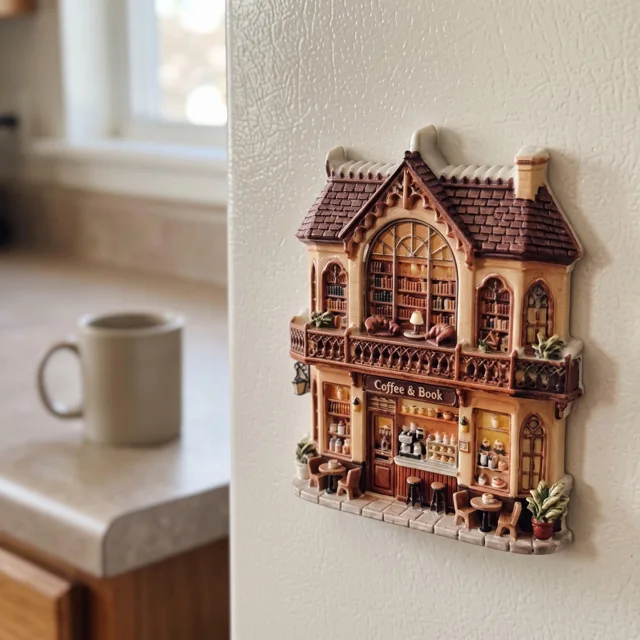 Resin Refrigerator Magnet: Gothic Coffee Shop Facade, 3D Relief Decor — product photo 4