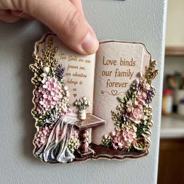 3D Book Refrigerator Magnet: Embossed Resin Floral Plaque With Family Quote — product photo 7
