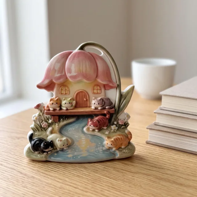 Resin Refrigerator Magnet: Flower House, Cats and River Scene — product photo 2