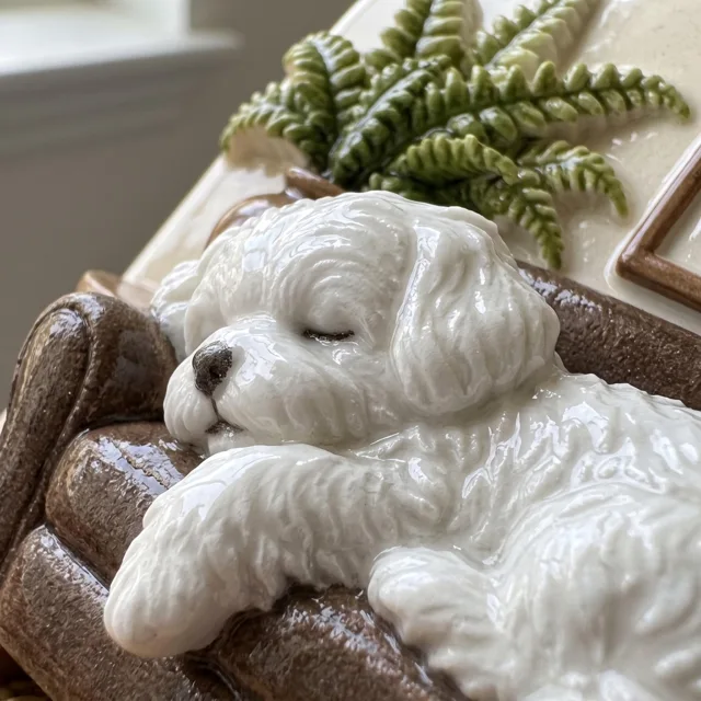 Refrigerator Magnet: Miniature White Dog on Cozy Brown Sofa — product photo 4