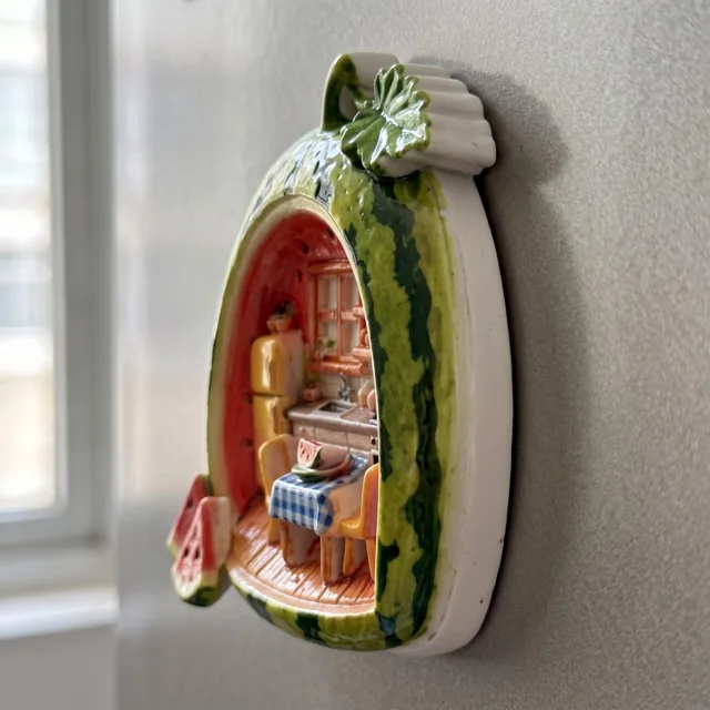 Watermelon Fridge Magnet With Miniature Kitchen Scene, Whimsical Refrigerator Decor — product photo 3