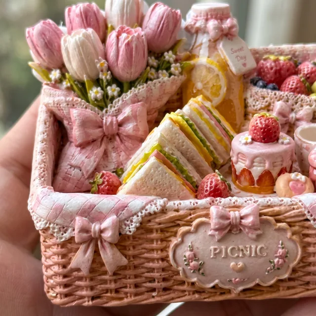 Picnic Basket Fridge Magnet, Pink Floral Food Scene Decor — product photo 3