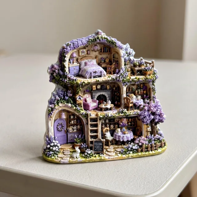 Refrigerator Magnet, Purple Miniature Cottage Scene with Floral Details — product photo 4