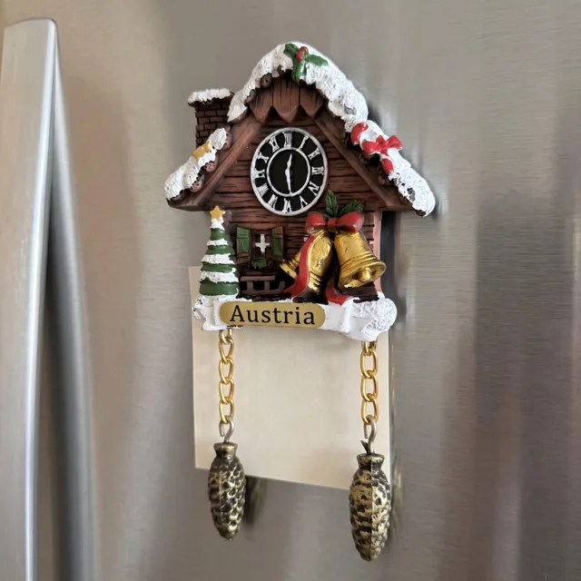 Snowy Cuckoo Clock House With Christmas Bells and Austria Plaque Refrigerator Magnet — product photo 4
