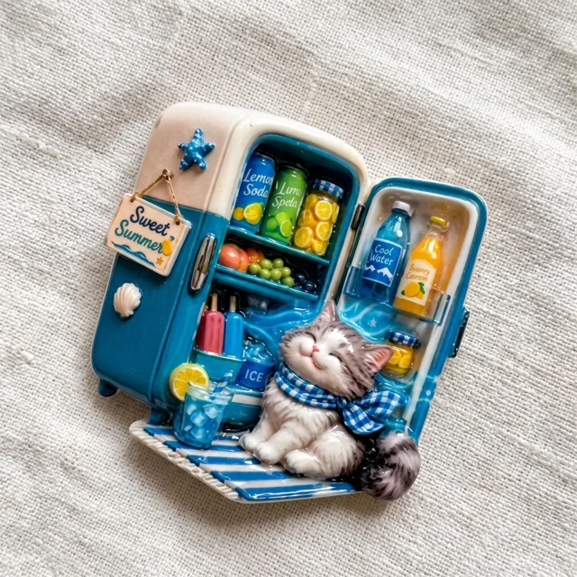 3D Resin Fridge Magnet: Cat in Mini Cooler Summer Kitchen Decor — product photo 6