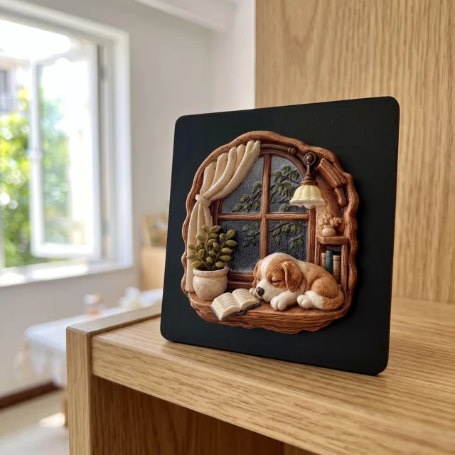 3D Fridge Magnet: Sleeping Dog by Rainy Window Relief Sculpture — product photo 9