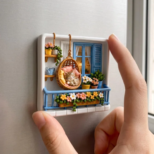 Resin Fridge Magnet: Raised Cat Balcony Scene With Colorful Flowers — product photo 6