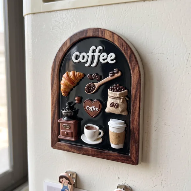Coffee Fridge Magnet, 3D Relief Cafe Decor With Croissant and Coffee Cup — product photo 1
