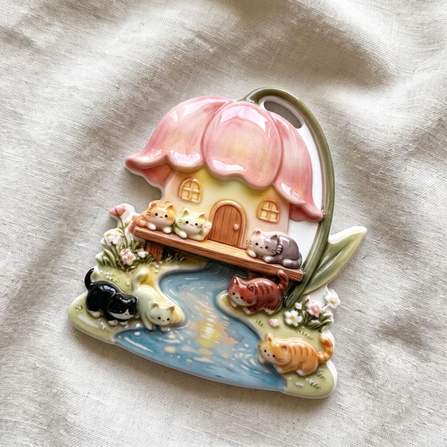 Resin Refrigerator Magnet: Flower House, Cats and River Scene — product photo 5