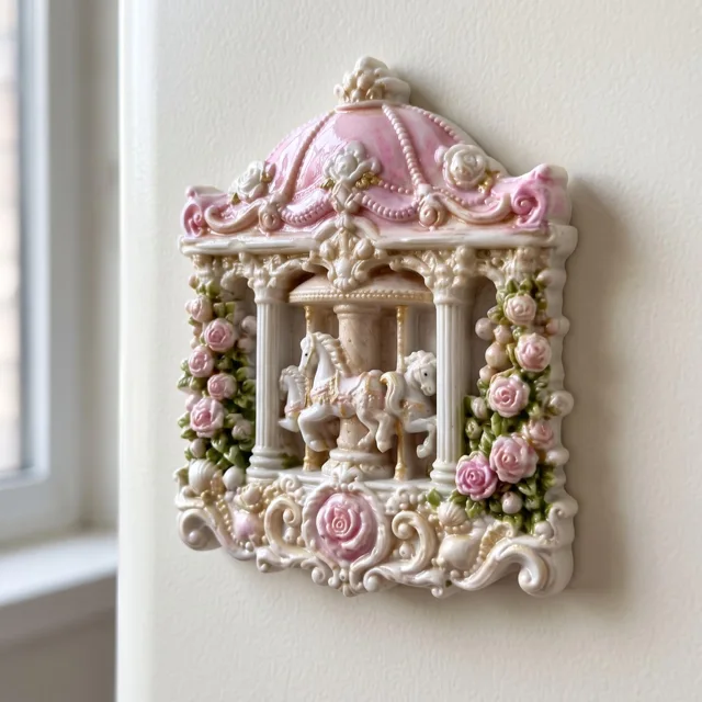 Resin Refrigerator Magnet, Ornate Carousel Horse and Pink Rose Decor — product photo 1