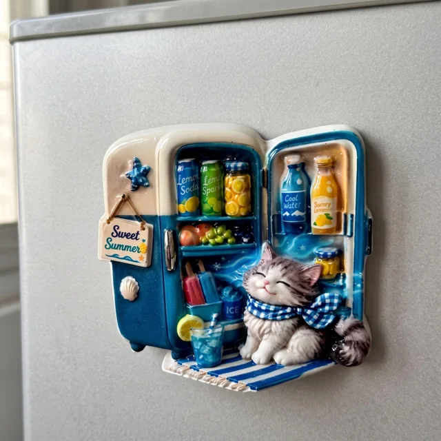 3D Resin Fridge Magnet: Cat in Mini Cooler Summer Kitchen Decor — product photo 1