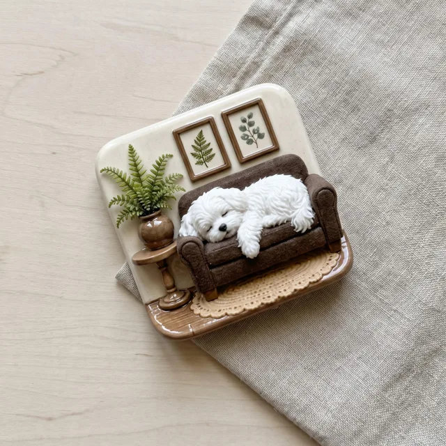 Refrigerator Magnet: Miniature White Dog on Cozy Brown Sofa — product photo 5