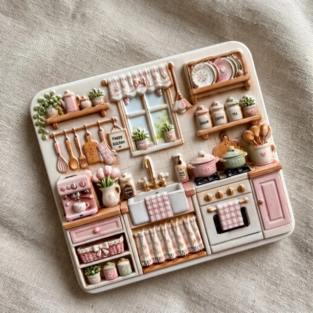 Resin Refrigerator Magnet: Miniature Pink Kitchen Scene With Raised Details — product photo 9