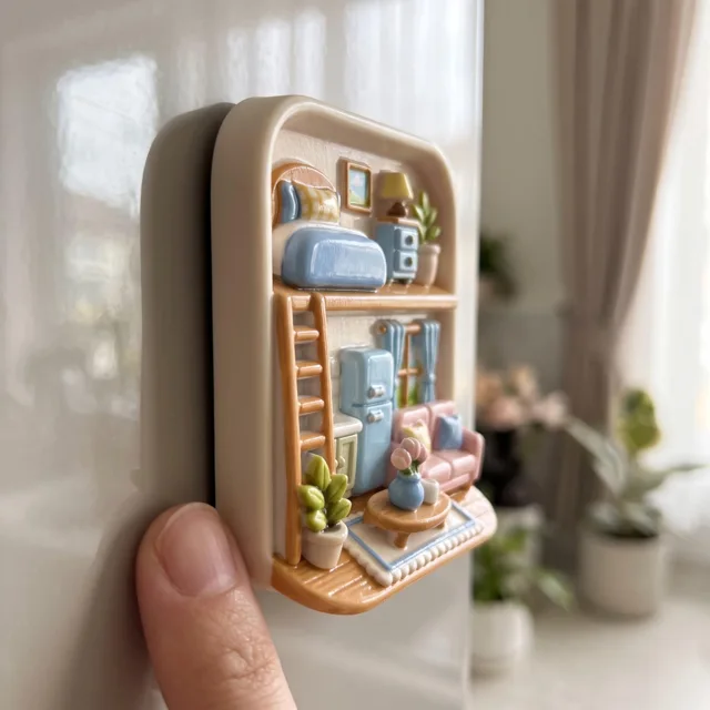 Fridge Magnet Miniature Room Scene With Cozy Home Decor and Plants — product photo 5