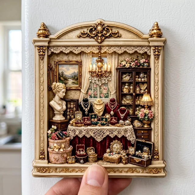 Resin Relief Fridge Magnet, Victorian Jewelry Shop Scene, Ornate Vintage Decor — product photo 1
