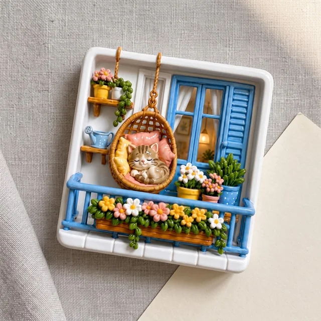Resin Fridge Magnet: Raised Cat Balcony Scene With Colorful Flowers — product photo 5