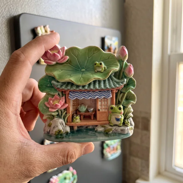 Refrigerator Magnet: Frog Cottage With Leaf Roof and Pink Flowers — product photo 8