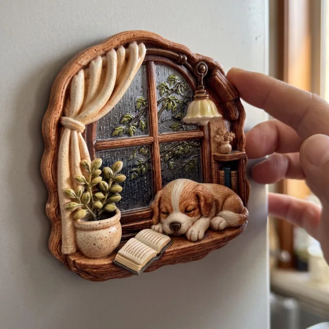 3D Fridge Magnet: Sleeping Dog by Rainy Window Relief Sculpture — product photo 6