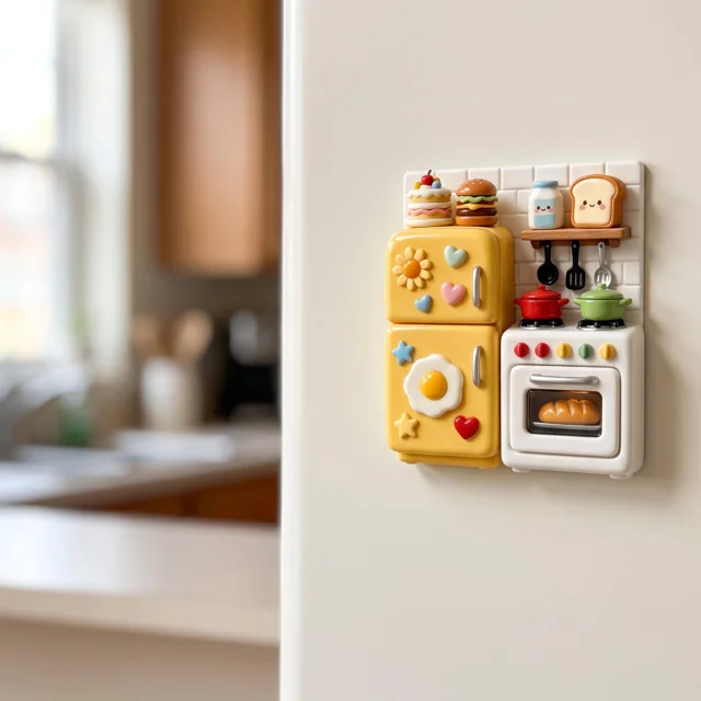 Kitchen Fridge Magnet: Raised Miniature Stove and Refrigerator Scene — product photo 3