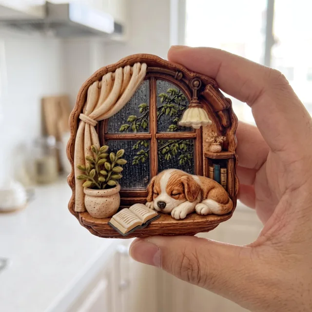 3D Fridge Magnet: Sleeping Dog by Rainy Window Relief Sculpture — product photo 2