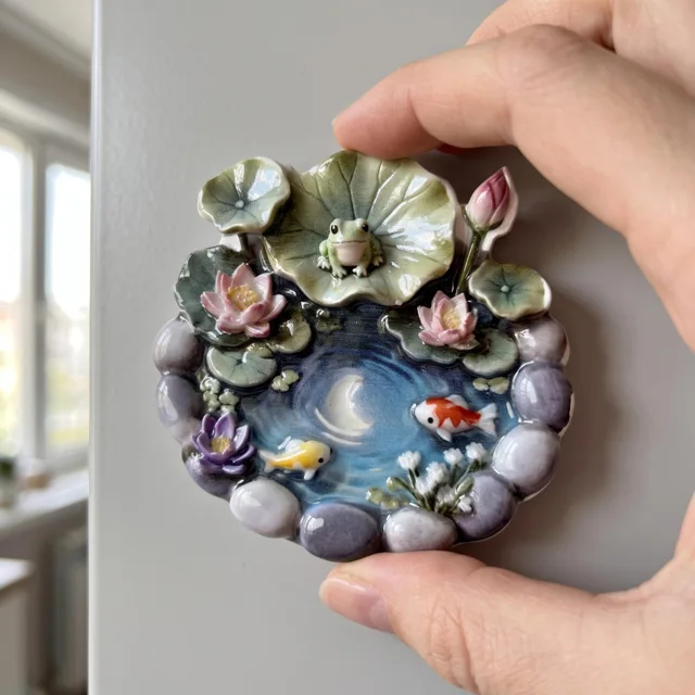 3D Relief Fridge Magnet, Pond Scene with Frog, Lotus and Goldfish — product photo 6