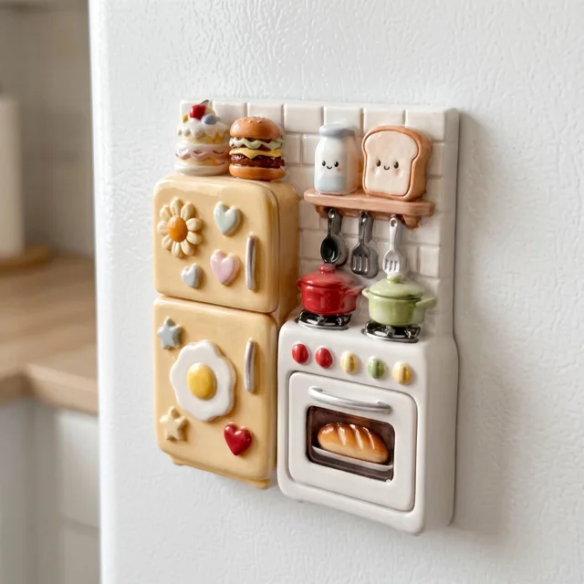 Kitchen Fridge Magnet: Raised Miniature Stove and Refrigerator Scene — product photo 7
