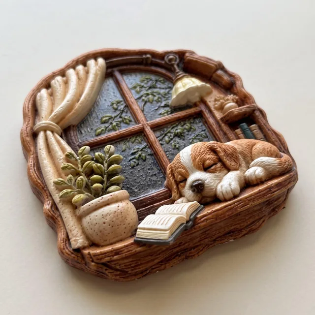 3D Fridge Magnet: Sleeping Dog by Rainy Window Relief Sculpture — product photo 3