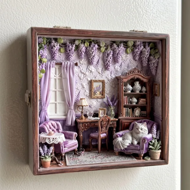 Miniature Room Scene Cat Purple Floral Decor Resin Fridge Magnet — product photo 3