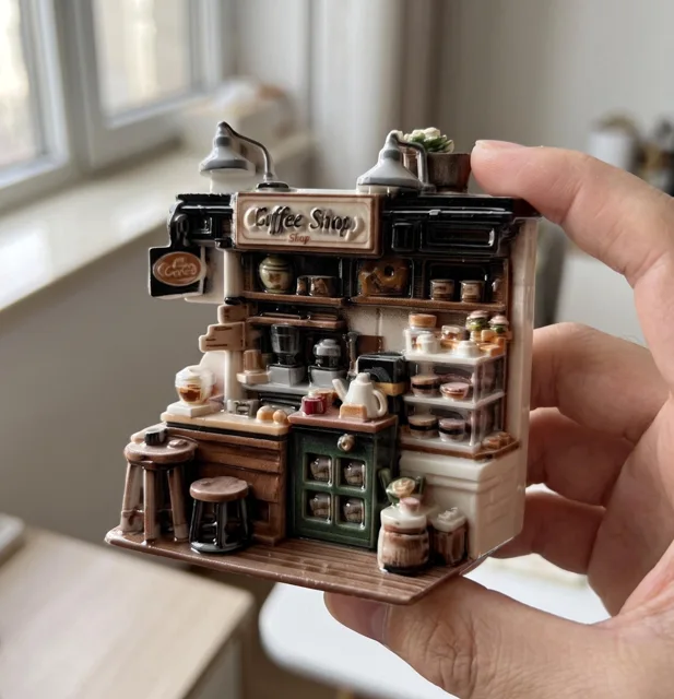 Miniature Resin Coffee Shop Fridge Magnet, Detailed Relief Kitchen Decor — product photo 1