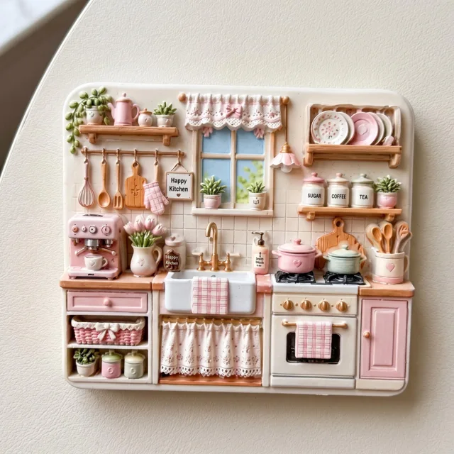 Resin Refrigerator Magnet: Miniature Pink Kitchen Scene With Raised Details — product photo 5