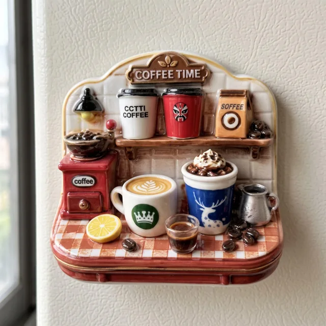 Coffee Bar Refrigerator Magnet: 3D Miniature Cafe Station With Cups and Grinder — product photo 1