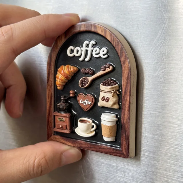 Coffee Fridge Magnet, 3D Relief Cafe Decor With Croissant and Coffee Cup — product photo 10