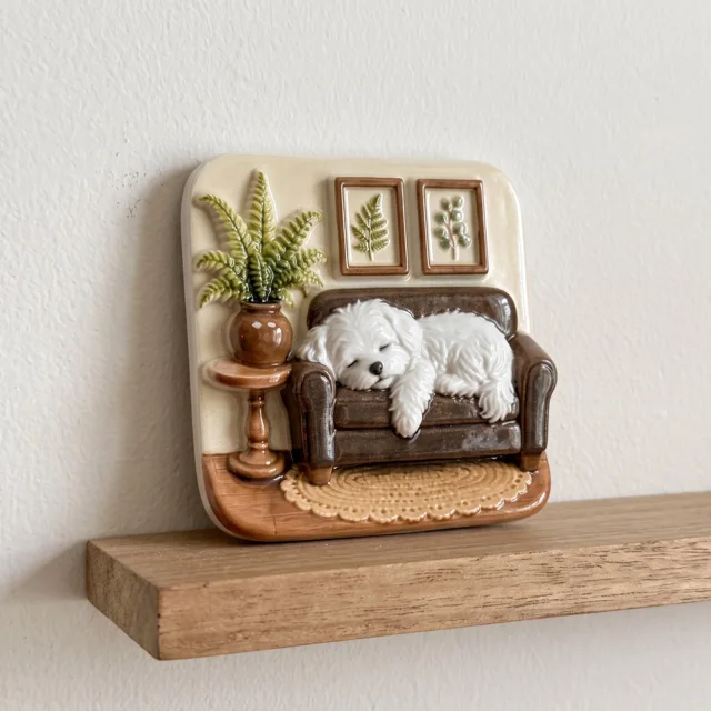 Refrigerator Magnet: Miniature White Dog on Cozy Brown Sofa — product photo 7