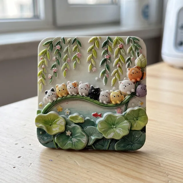Decorative Fridge Magnet, Cat Garden Pond Scene with Lily Pads and Vines — product photo 8