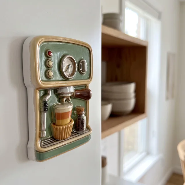 Refrigerator Magnet: Retro Green Espresso Machine 3D Sculpted Kitchen Decor — product photo 11