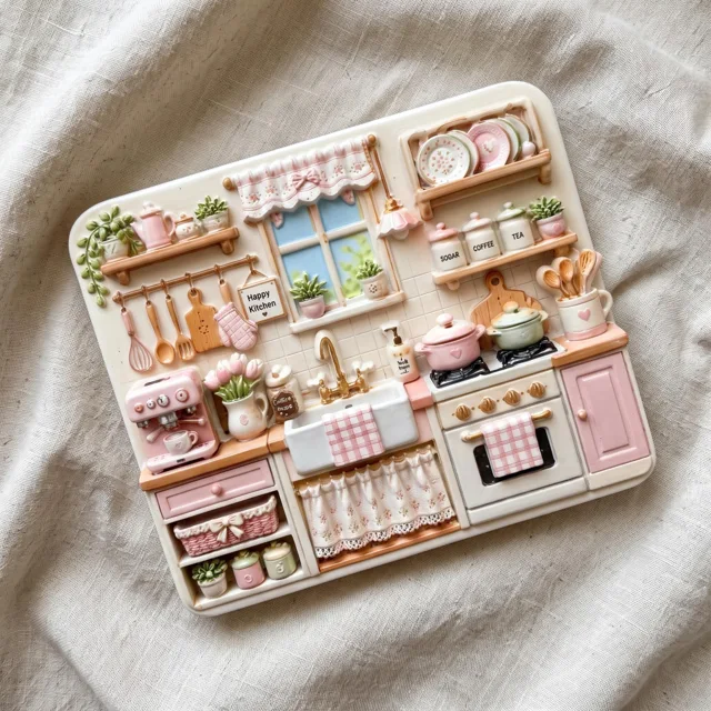 Resin Refrigerator Magnet: Miniature Pink Kitchen Scene With Raised Details — product photo 6